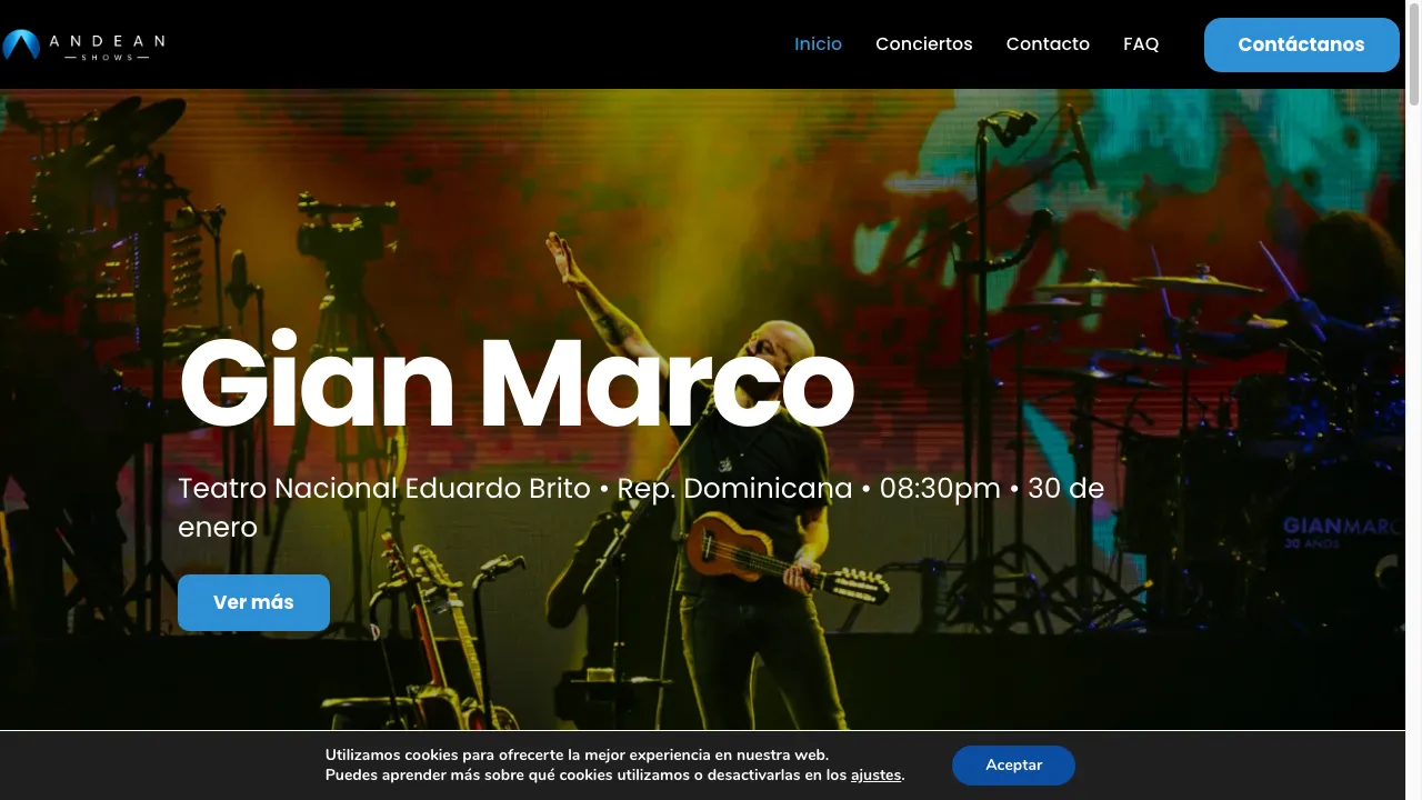 Captura de pantalla real del sitio web Andeanshows