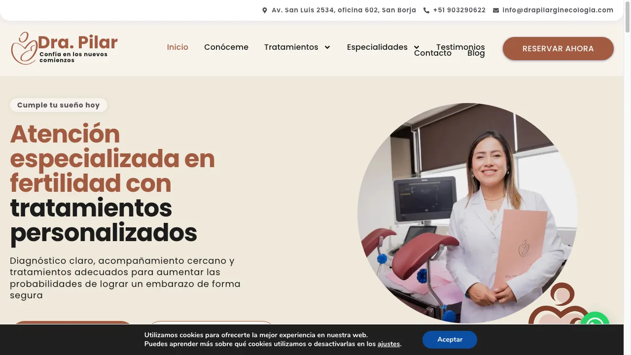 Captura de pantalla real del sitio web Dra. Pilar