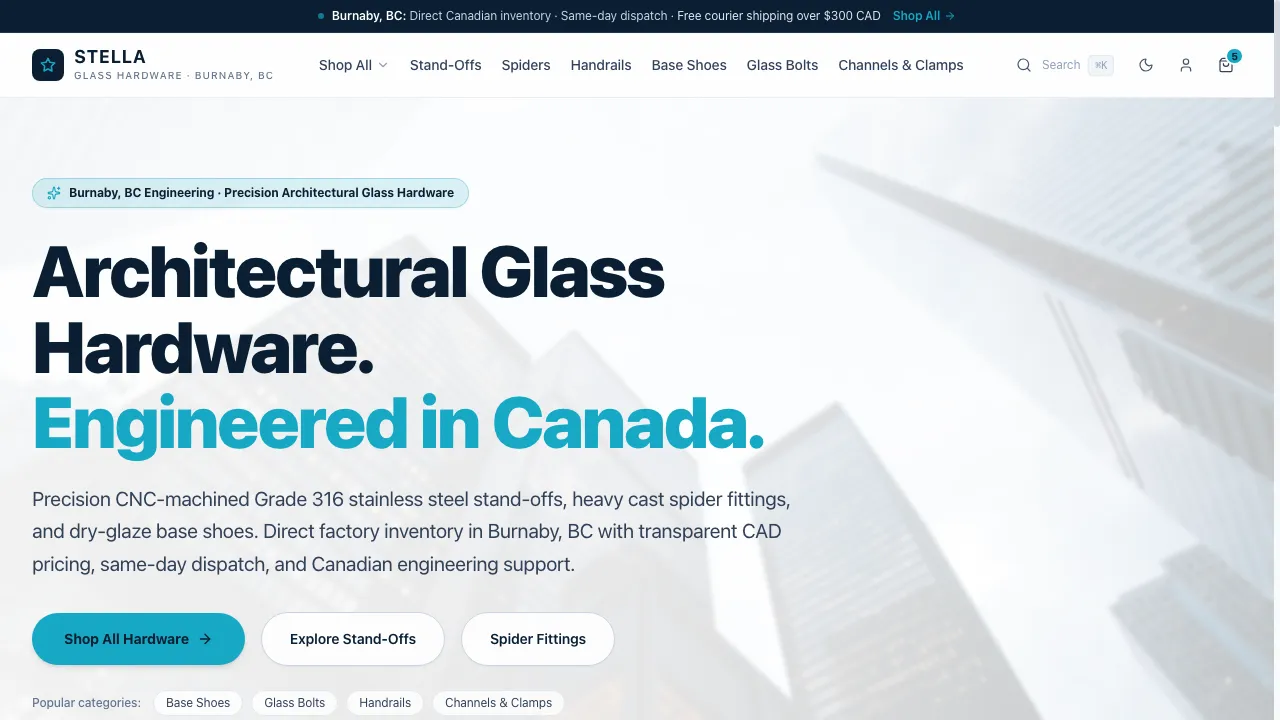 Captura de pantalla real del sitio web Stella Glas Hardware (Demo)