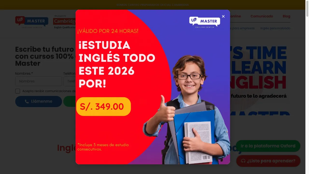 Captura de pantalla real del sitio web UpMaster Online