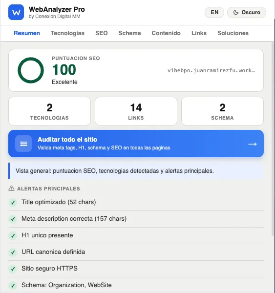 Captura de pantalla real del sitio web WebAnalyzer Pro